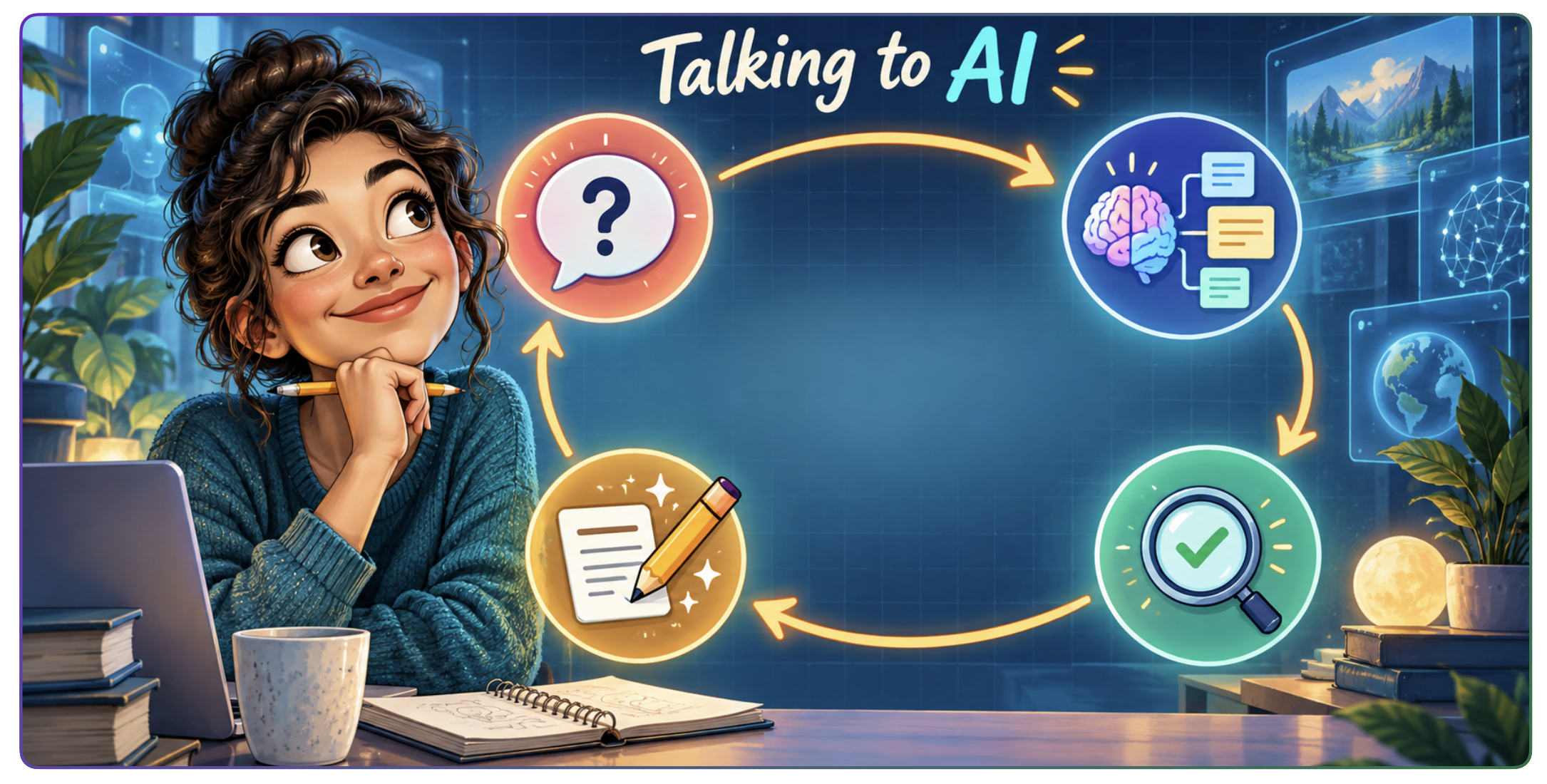 Talking to AI: an illustrated cycle of asking questions, organizing ideas, checking results, and writing.