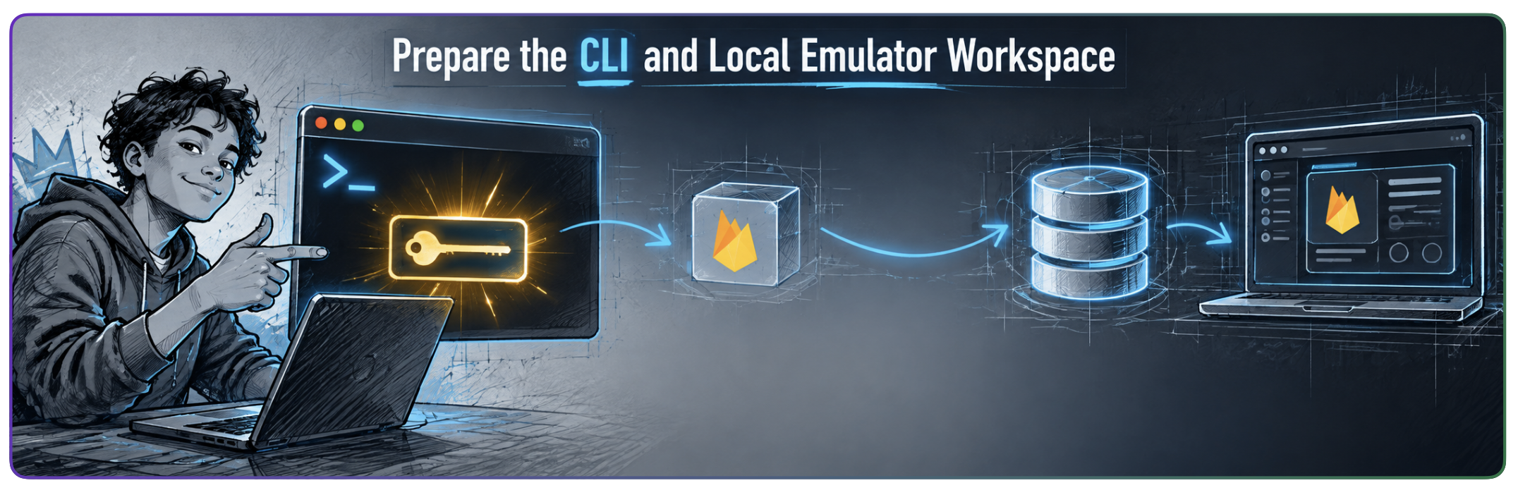 Course illustration on preparing the CLI and local emulator workspace.