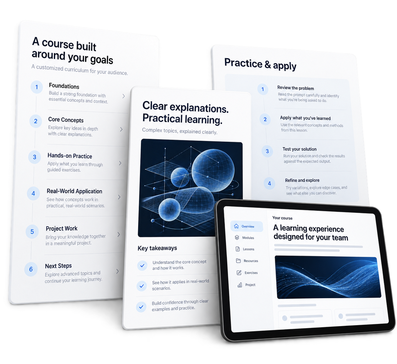 Custom course development shown through layered learning materials, blue concept diagrams, and a tablet course reader.