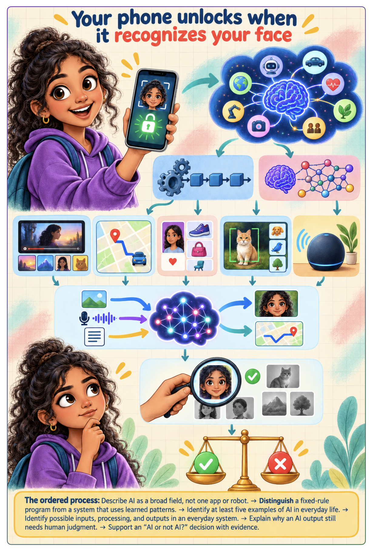 Course illustration explaining face recognition and everyday uses of artificial intelligence.