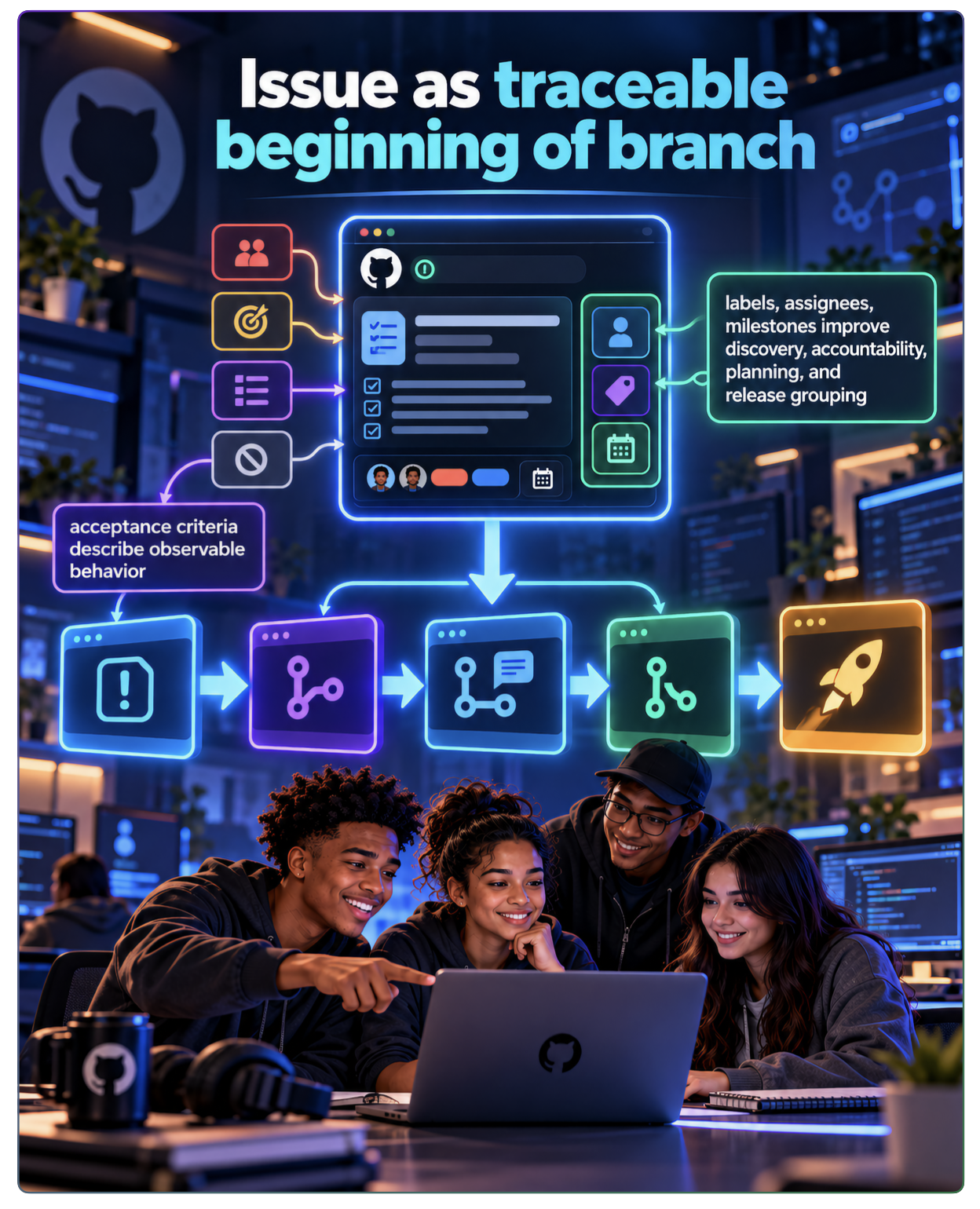 Course illustration showing how a GitHub issue leads through a branch workflow.
