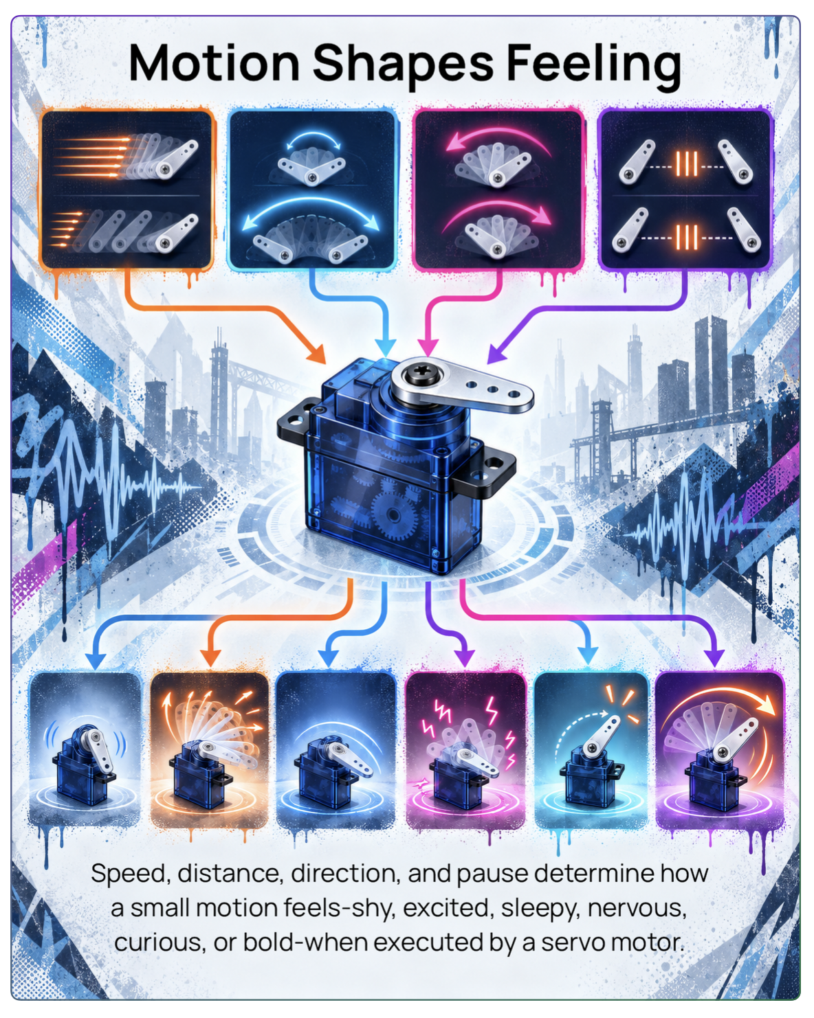 A Sound Alive course illustration showing how speed, distance, direction, and pause shape the feeling of servo motion.