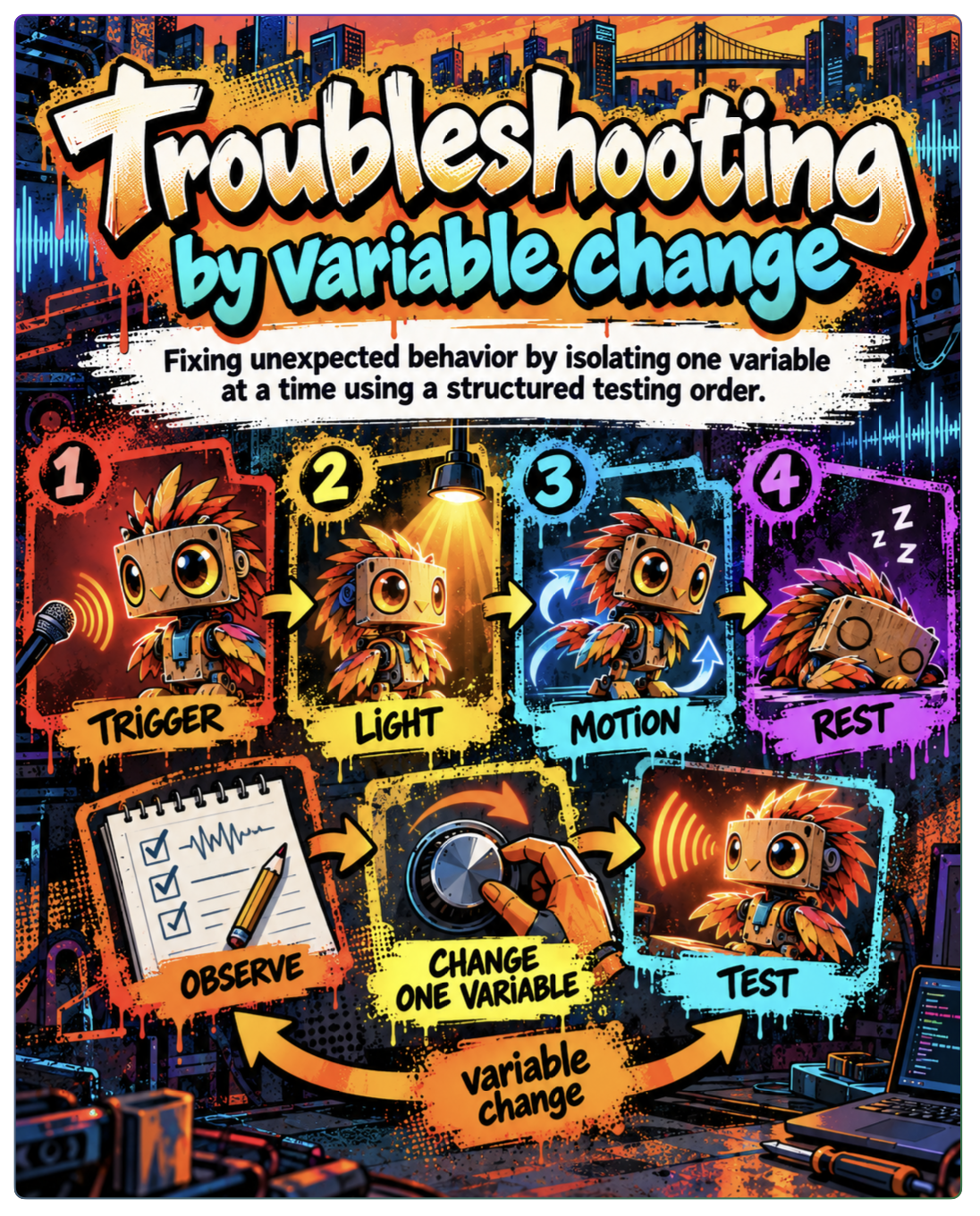 Illustrated troubleshooting guide: trigger, light, motion, rest, and changing one variable at a time.