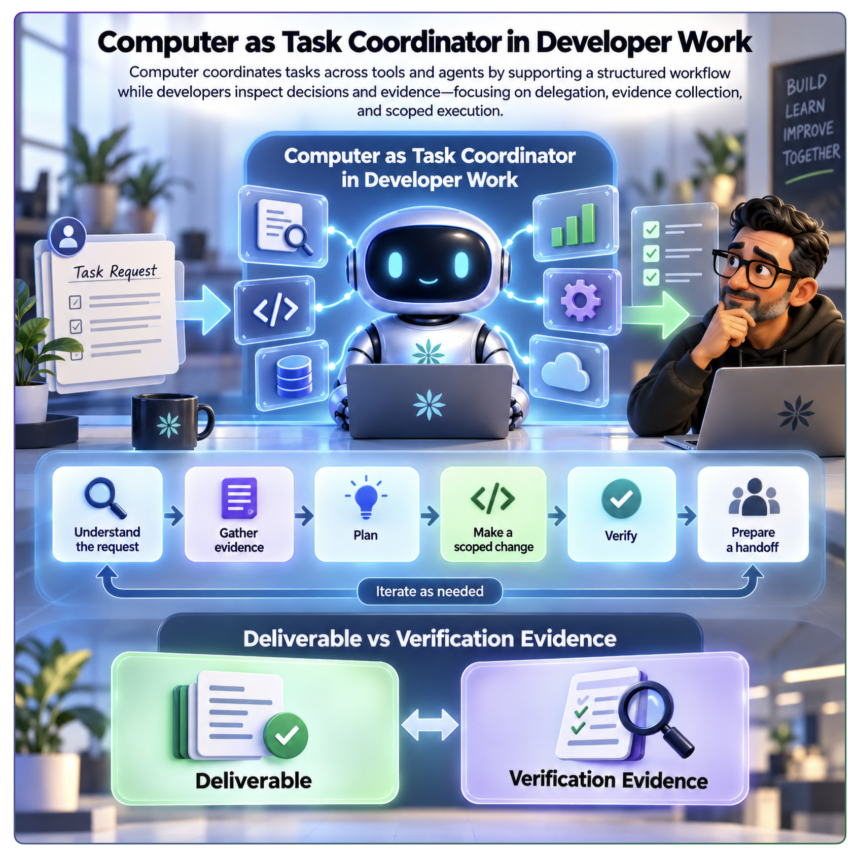 Course illustration explaining computers as task coordinators in developer work.